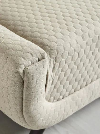 Another detail shot, this time focusing on the corner and seam work of the upholstered bench, demonstrating the product's high-quality construction.