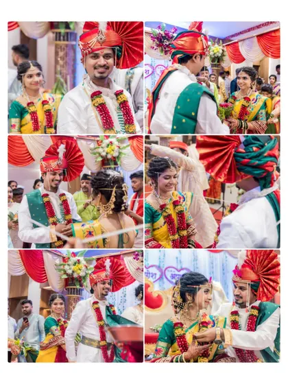 A comprehensive collage showing multiple stages of the wedding ceremony, from the varmala exchange to other key rituals.