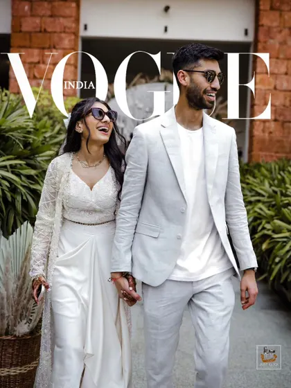 A Vogue-style shot of the couple at their welcome brunch in Goa, looking effortlessly cool.
