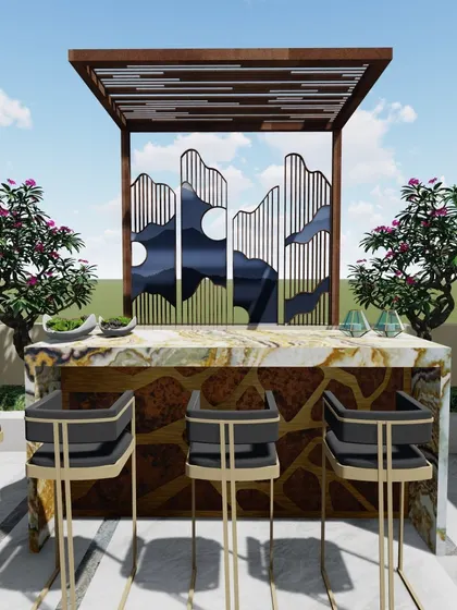 This luxurious rooftop bar concept features a marble-topped counter and an artistic metal screen as a backdrop. Flanked by flowering plants, it demonstrates how we can create a high-end, bespoke entertainment space on a terrace.