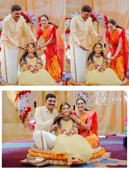 A heartwarming collage of the bride with her parents during the Haldi ceremony, capturing their love and blessings.