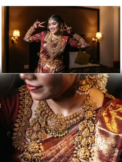 A collage showing a bride's playful side and a detailed close-up of her stunning temple jewelry.