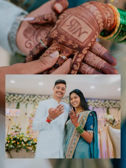 A collage showing the couple's engagement rings and a close-up of the intricate henna design with their initials.