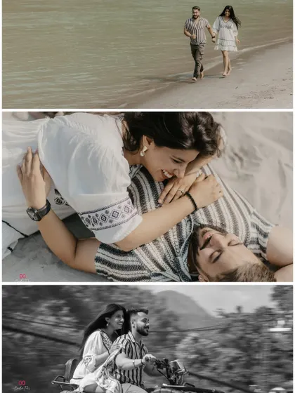 From riding a scooter on winding roads to laughing by the river, this collage tells the story of a fun-filled adventure.