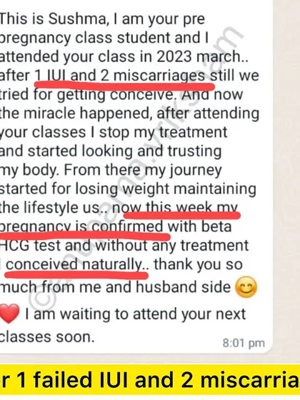 After 1 failed IUI and 2 miscarriages, this student stopped treatment and started trusting her body. She focused on losing weight and maintaining a healthy lifestyle, and now her pregnancy is confirmed.