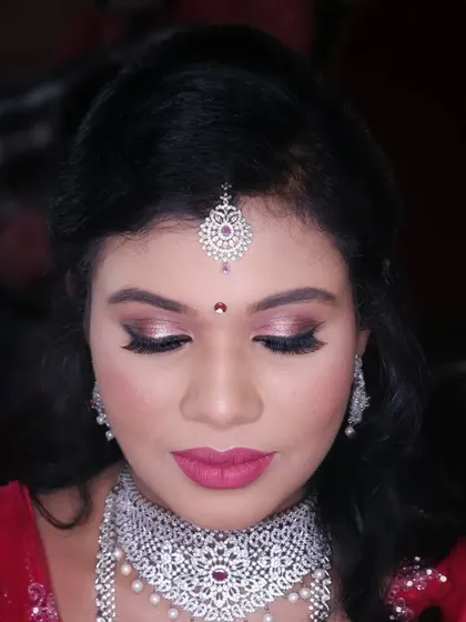 A close up of Kusuma's engagement eye makeup, showing the beautiful blend of shimmer and matte shadows.