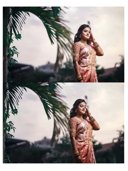 A pair of beautiful bridal portraits taken at dusk, the soft light adding a romantic feel to her reception look.