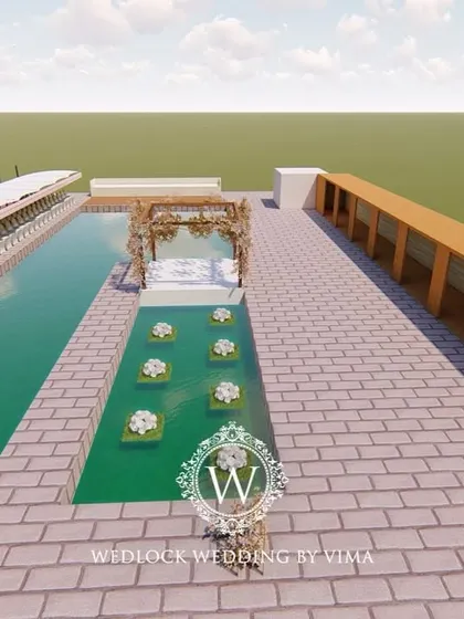 For this Punjabi wedding, we designed a subtle and elegant poolside mandap. The decor featured light fabrics, soft peachy-pink florals, and hints of gold to complement the serene setting.