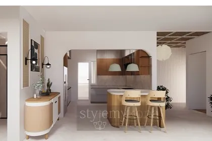 The 3D render for the 'Tatvam' kitchen, showing our initial design concept with the arched opening and breakfast bar.