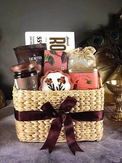 The "Diwali Luxe" basket, curated with a selection of gourmet foods, chocolates, and decorative items for a truly luxurious feel.