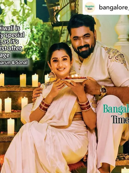 This was for a special Diwali feature in Bangalore Times. The all-white theme with gold accents created a serene and festive look for the couple's first celebration after their wedding.