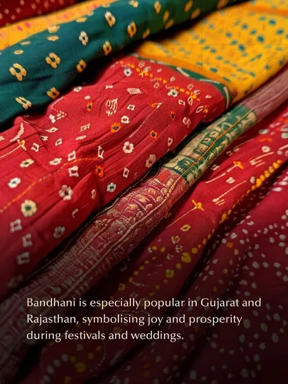 A vibrant collection of Bandhani fabrics. Especially popular in Gujarat and Rajasthan, these textiles are a symbol of joy and are often worn during festivals and weddings.