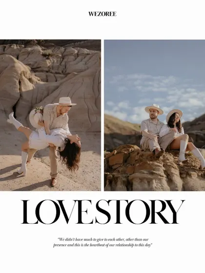 A 'Love Story' feature from Wezoree magazine, highlighting Naina and Ryan's adventurous pre-wedding shoot. The quote emphasizes the foundation of their relationship: being present for each other.