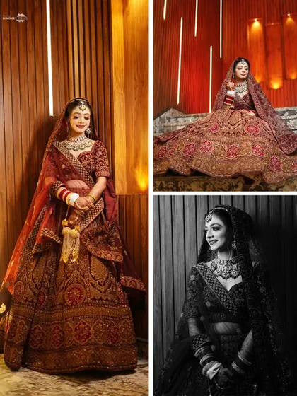 A three-part collage of the bride, including a full-length portrait, a seated pose, and a timeless black and white version.