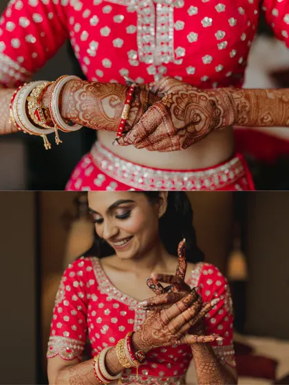 A collage of the bride getting ready, focusing on her beautiful henna-adorned hands and her happy smiles.
