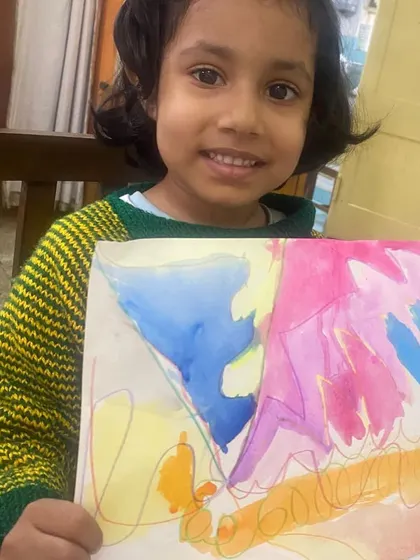 Another student's take on the "Lines that Wiggle" theme, showcasing a unique composition of colors and shapes from our online class.