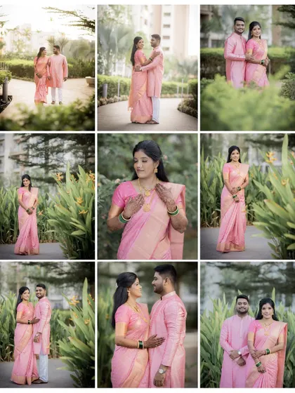 A grid collage showing many beautiful moments from a traditional engagement shoot, including couple portraits and stunning individual shots of the bride-to-be.