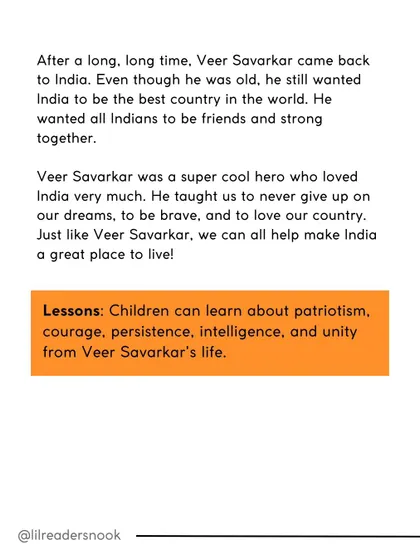 This part of Veer Savarkar's story teaches children about patriotism, courage, persistence, and the importance of unity.