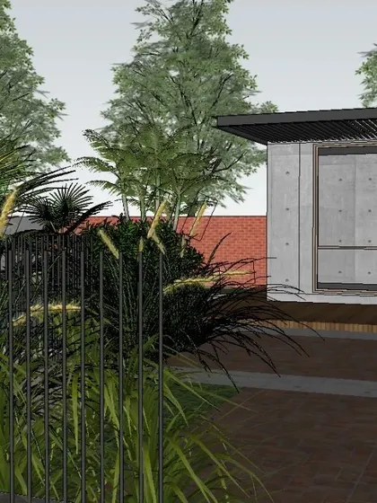 This conceptual rendering shows how we integrate structures, like this modern outbuilding, into a dense, naturalistic landscape. The use of concrete and large glass panels is softened by the surrounding tropical foliage, making the space feel like it unfolds from the garden.