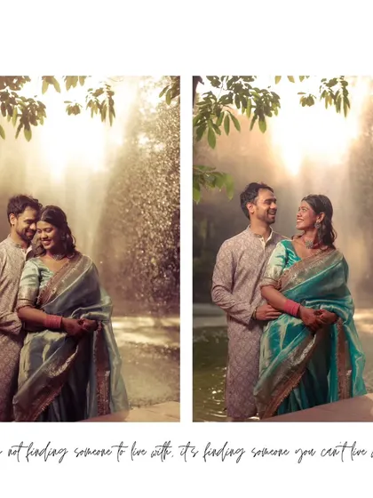 A beautiful diptych from a Roka photoshoot, capturing the couple's interaction against a backlit fountain. The soft light and water spray add a dreamy, romantic quality.