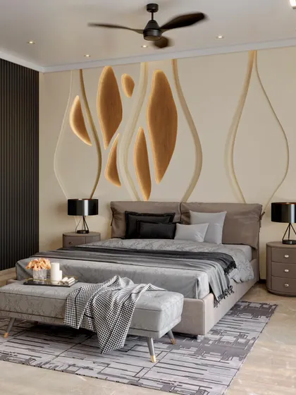 A view of the headboard wall in the same bedroom, continuing the theme of gentle curves. The custom wall panel features backlit, veneer-inlaid organic shapes, creating a soft and artistic focal point.