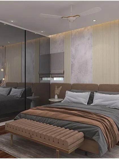 A duplicate of the contemporary bedroom with the mirrored wardrobe.