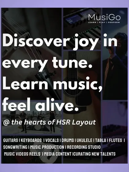 This graphic showcases the wide range of services we offer at our HSR Layout location, from instrument lessons like guitar and tabla to music production and songwriting.