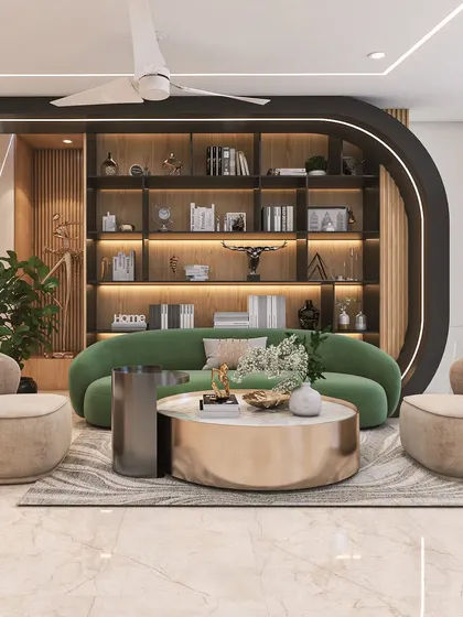 This lobby area features custom-designed curved sofas in pastel green and cream, creating a comfortable and stylish waiting or reading nook. The arched bookshelf adds a unique architectural element.
