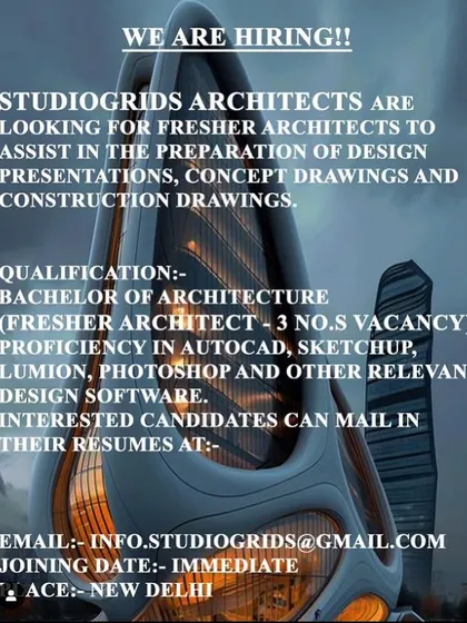 StudioGrids Architects in New Delhi is urgently looking for three fresher architects to assist in preparing design presentations and construction drawings.