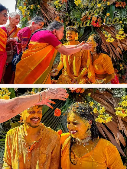 A collage of a joyful Haldi ceremony, capturing the fun and love from family members.