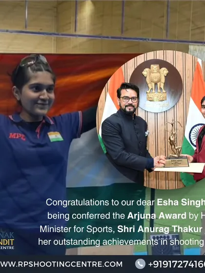 A moment of supreme honor. We congratulate our dear Esha Singh on being conferred the prestigious Arjuna Award by the Hon. Minister for Sports for her outstanding achievements in shooting.