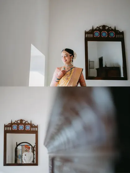 An artistic shot of the bride and groom, with the groom reflected in a mirror as the bride stands in the foreground, creating a layered and thoughtful composition.
