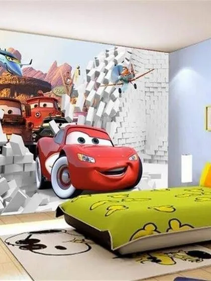 A high-action 'Cars' themed 3D wallpaper, where Lightning McQueen appears to be breaking through the wall. This is a thrilling design for any young fan of the movie.