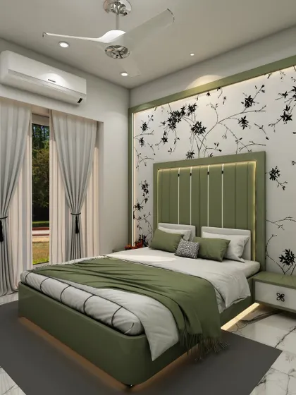 This bedroom features a beautiful green upholstered bed with an integrated backlit headboard, set against a delicate floral wallpaper for a fresh and serene look.