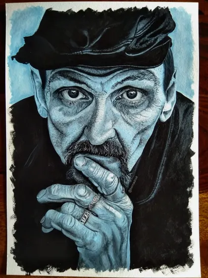 This is a throwback to a portrait I did in 2019. It's an acrylic painting on watercolour paper where I experimented with a monochrome blue palette to create a moody and intense atmosphere.