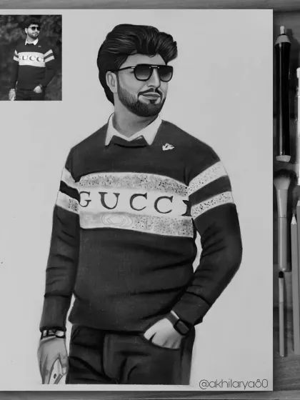 A stylish man in a designer sweatshirt, captured in a detailed A4 graphite sketch. This shows how I can replicate logos and text on clothing accurately.