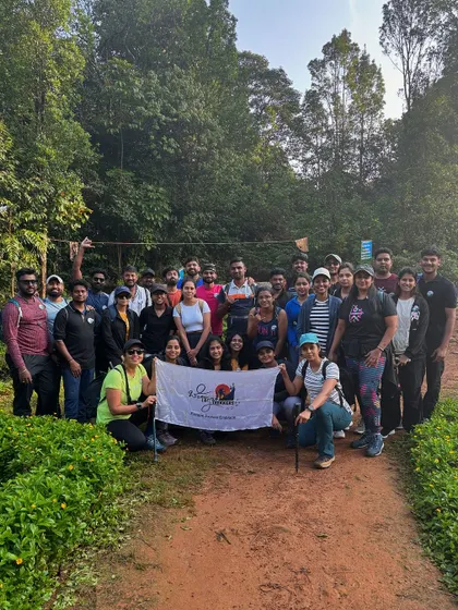 Our group at the start of the 14 km Kumara Parvatha trek from the Beedahalli side, ready for a day of adventure.