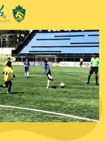 Glimpses from our U-13 YPL match against Mysore Vijaynagar FC at the KSFA stadium, showing our players competing with skill and determination on a professional pitch.