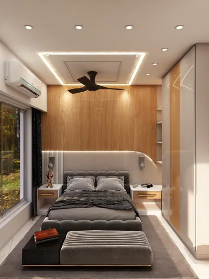 This bedroom design features a beautiful wood-paneled accent wall, a floating bed with under-lighting, and a sleek, modern ceiling design.