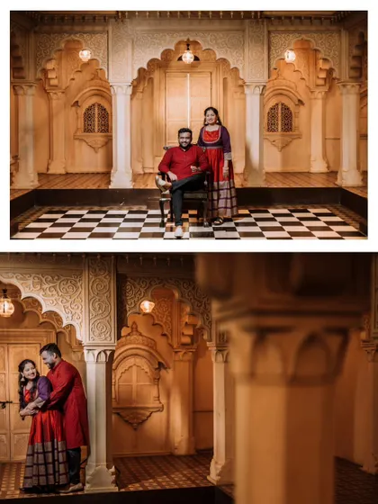 A collage showing a couple in a majestic, palace-like setting, capturing both a formal seated portrait and an intimate embrace.