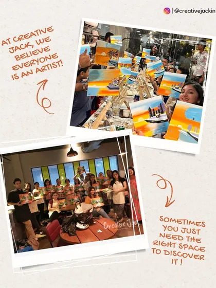 Photos of happy groups with their artwork, illustrating my belief that everyone is an artist, they just need the right space to discover it.