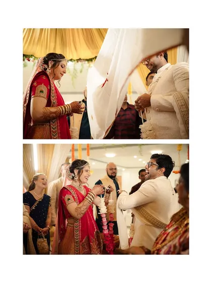 The Varmala ceremony, capturing the fun and excitement of the moment. This is where two cultures and families officially begin to merge.