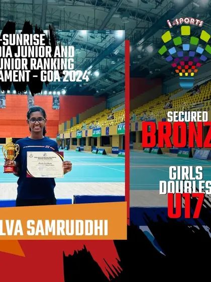 A graphic celebrating Selva Samruddhi's bronze medal win in GD U17 at the Yonex-Sunrise All India Ranking Tournament in Goa.