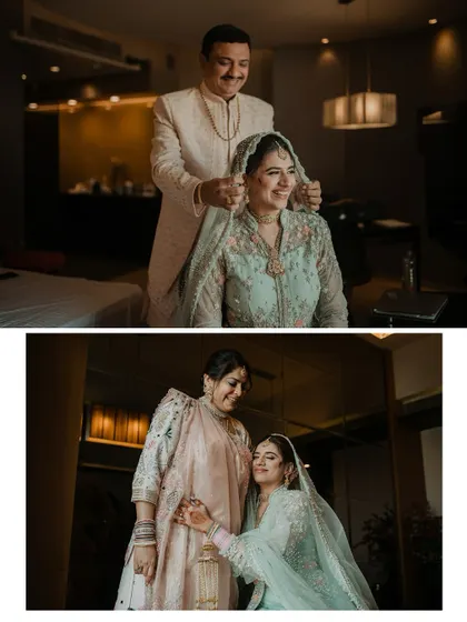 The beauty of tradition and family love. Capturing the quiet, intimate moments of parents blessing their daughter before the ceremony is a privilege and a core part of our storytelling.