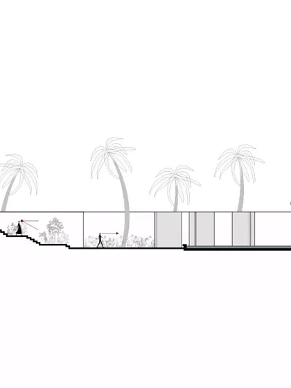 A sectional diagram of the Akriti Experience Centre, showing how the design works with the existing landscape and topography.
