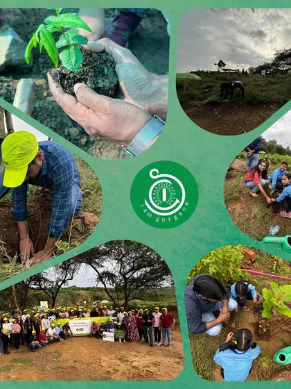 Another vibrant collage capturing the joint effort of R1 RCM and Maanas Shiksha School to combat land degradation by planting native species.