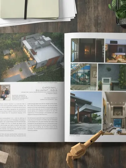 Another view of our 'Cardinal' villa feature from FOAID 2023, presented in a magazine mockup. We are proud to showcase this project, which balances strong vertical and horizontal design axes.