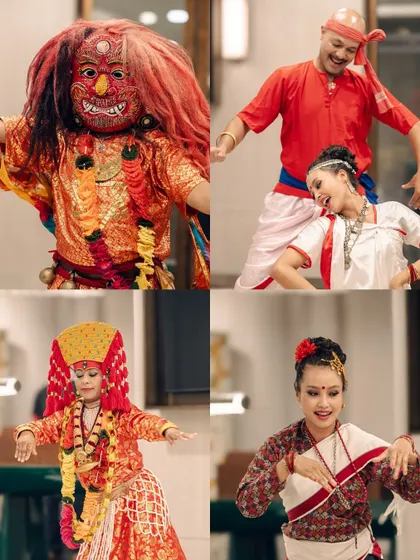 Capturing the vibrant culture of Kathmandu during a stay at the Hilton. This collage showcases the colorful traditional dancers, including a masked Lakhe dancer, highlighting my work in documenting cultural performances.