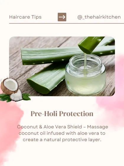 A pre-Holi protection tip. I recommend massaging coconut oil infused with aloe vera into your hair to create a natural protective layer that shields it from harsh colors.