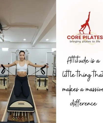 Attitude is a little thing that makes a massive difference. This client demonstrates perfect form in a kneeling arm series on the Reformer.